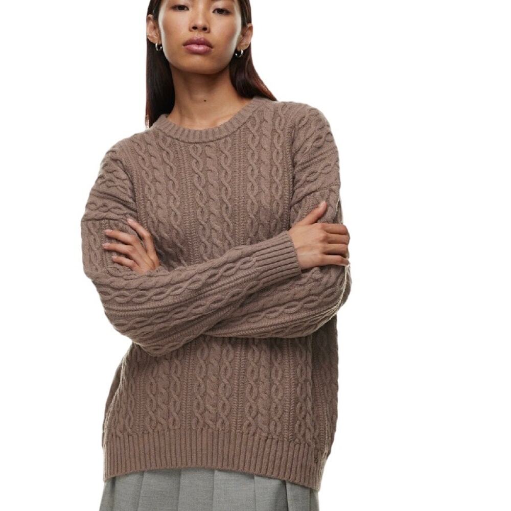 Aritzia Peggy Sweater Cable Knit Merino Wool Crewneck Women XL Taupe Fall Winter
